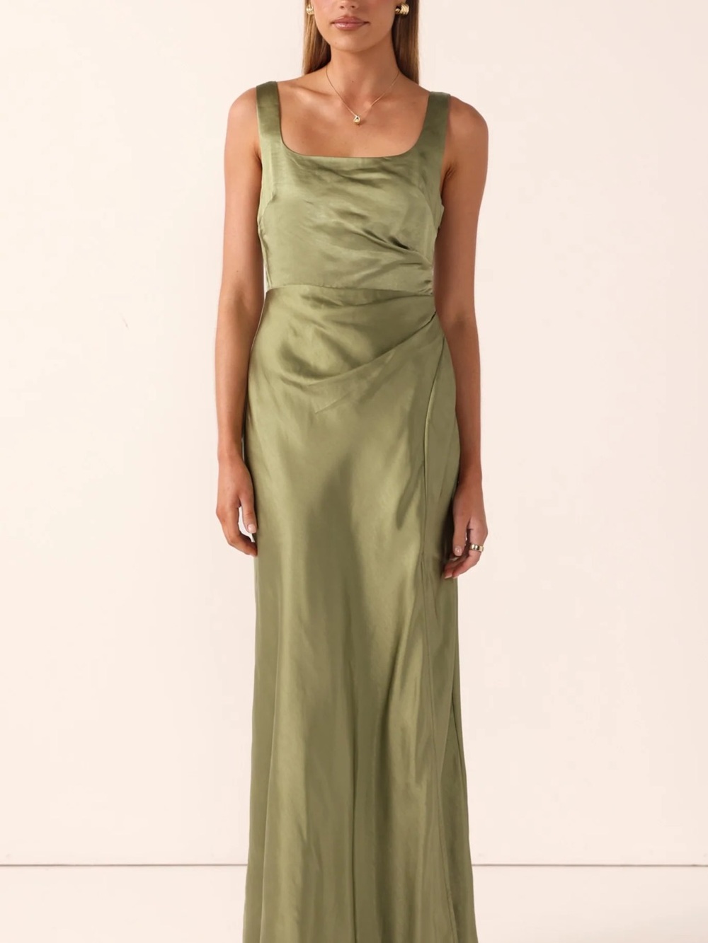 Billy J Satin Maxi Dress in Olive Green